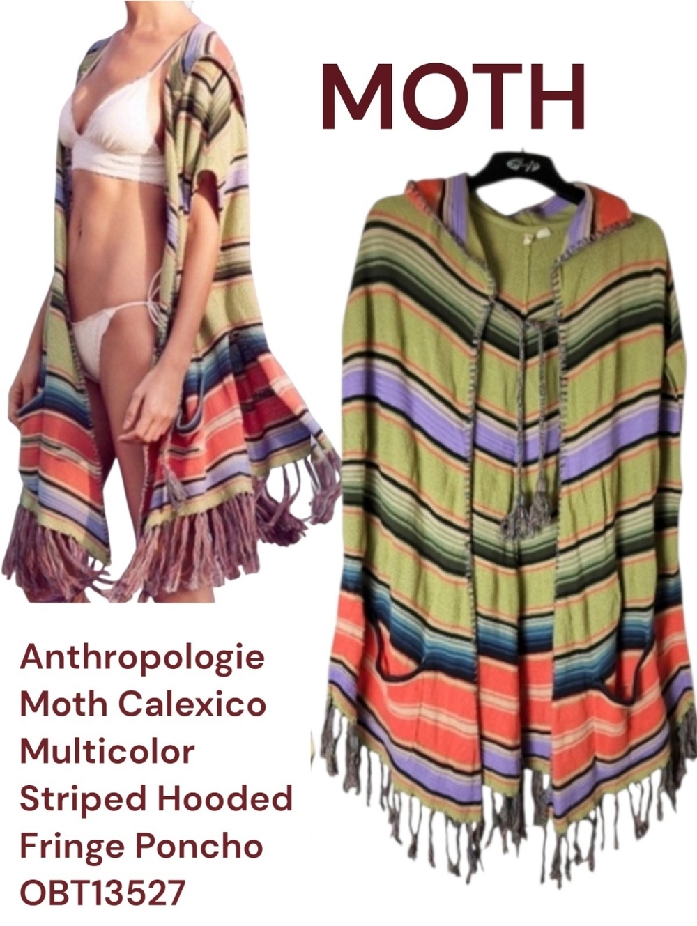Anthropologie Moth Women's Calexico Multicolor Striped Hooded Fringe Poncho XS S